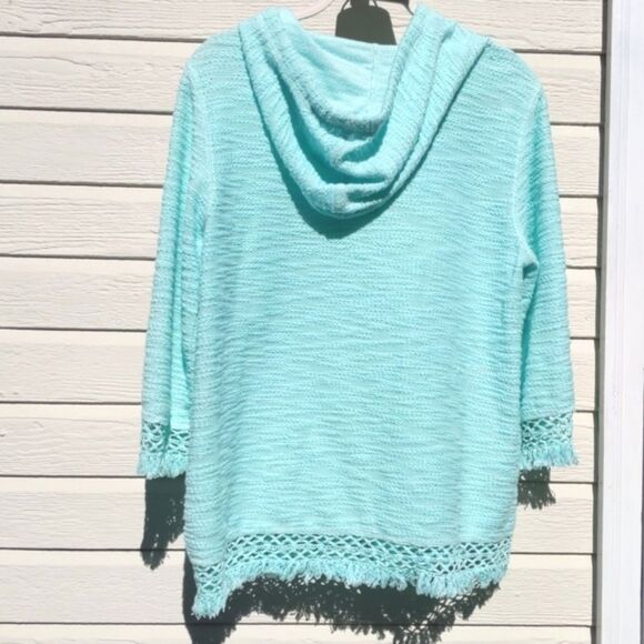 MULTIPLES Mint Green Hoodie Zip Jacket Kangaroo Pocket Fringe Medium - Picture 2 of 8